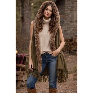 Northern Angel Faux Fur Trim Hooded Vest Cardigan Boho Lodgecore Fringe Large